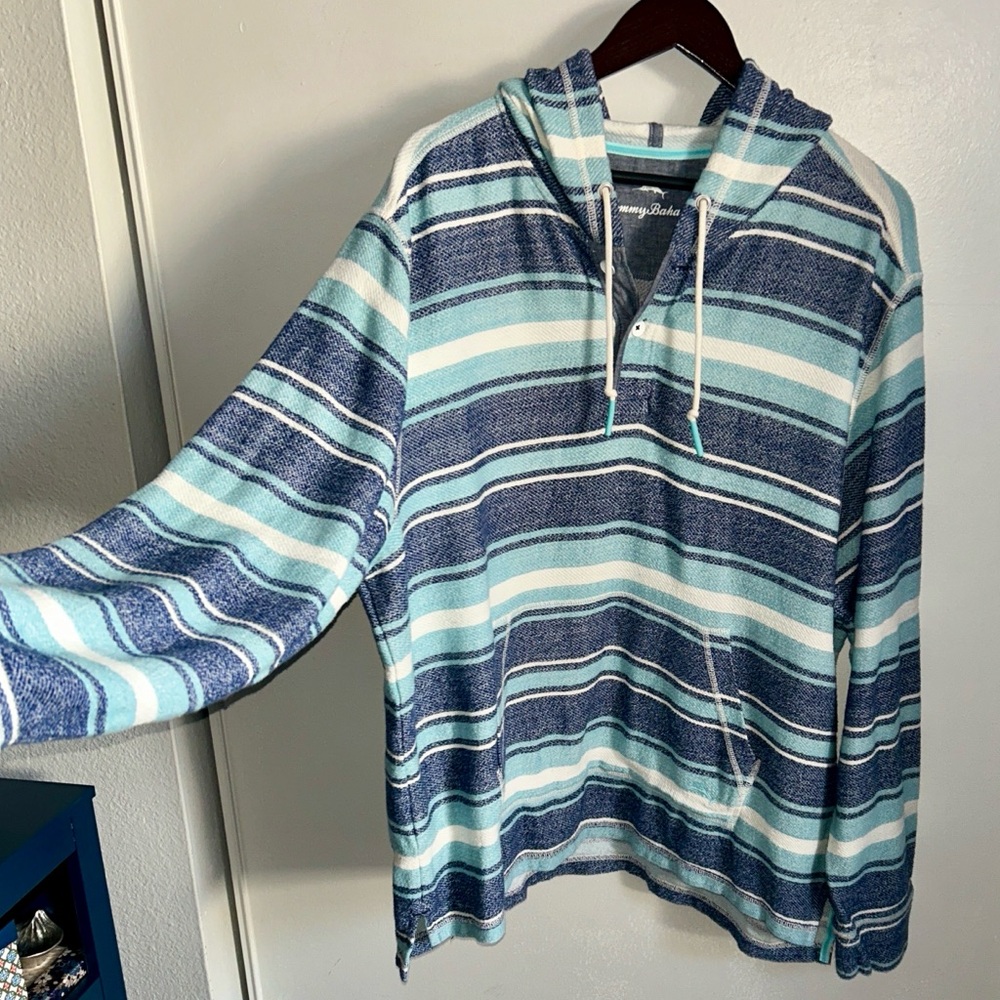 Tommy Bahama Men's Blue Horizon Baja Pullover Cotton Hoodie - Bering Blue Stripe - Picture 2 of 9